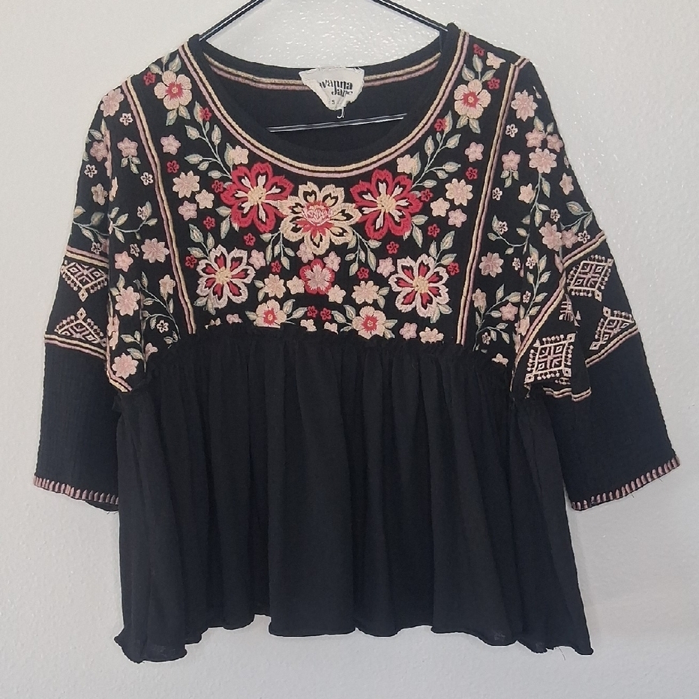 Savanna Jane Womens Black Floral Embroidered 3/4 Sleeve Boho Blouse Flowy Size S